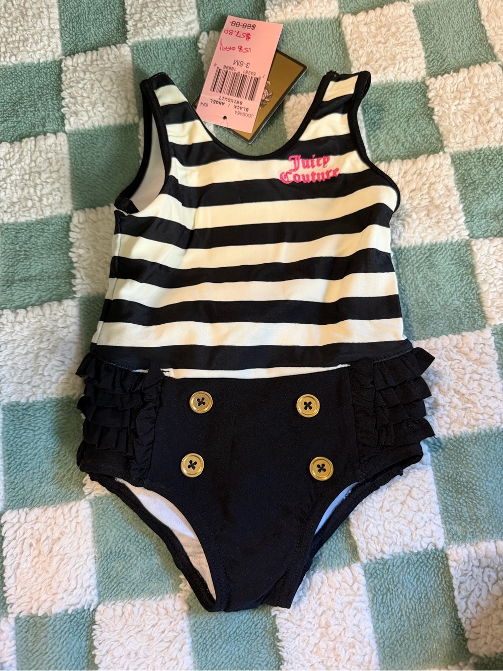 NWT Juicy Couture Beach Baby Swimsuit 3-6M Black Angel Stripe Sailor Ruffle Bow